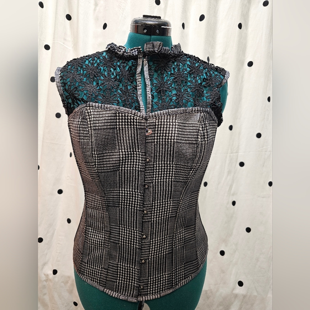 Corset Story black and white houndstooth plaid lace top corset UK 20‎